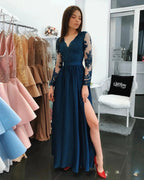 Gorgeous Long Sleeves A-Line Chiffon Blue Prom Dresses with Slit