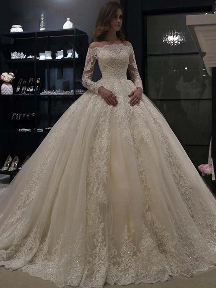 Gorgeous Long Sleeves Ball Gown Lace Tulle Wedding Dresses
