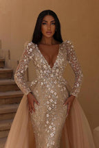 Gorgeous Long Sleeves Mermaid V-neck Wedding Dress with Detachable Tulle Train