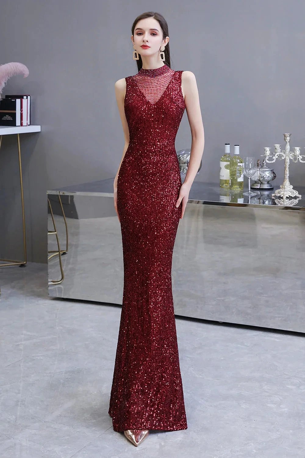 Gorgeous Mermaid Burgundy Sequins Long Prom Dress
