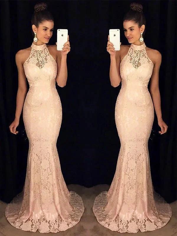 Gorgeous Mermaid High Neck Sleeveless Ruffles Lace Prom Dresses