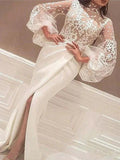 Gorgeous Mermaid Long Sleeves High Neck Lace Stretch Crepe Prom Dresses