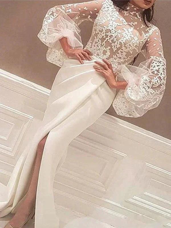 Gorgeous Mermaid Long Sleeves High Neck Lace Stretch Crepe Prom Dresses