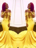 Gorgeous Mermaid Off-the-Shoulder Long Sleeves Applique Elastic Woven Satin Prom Dresses