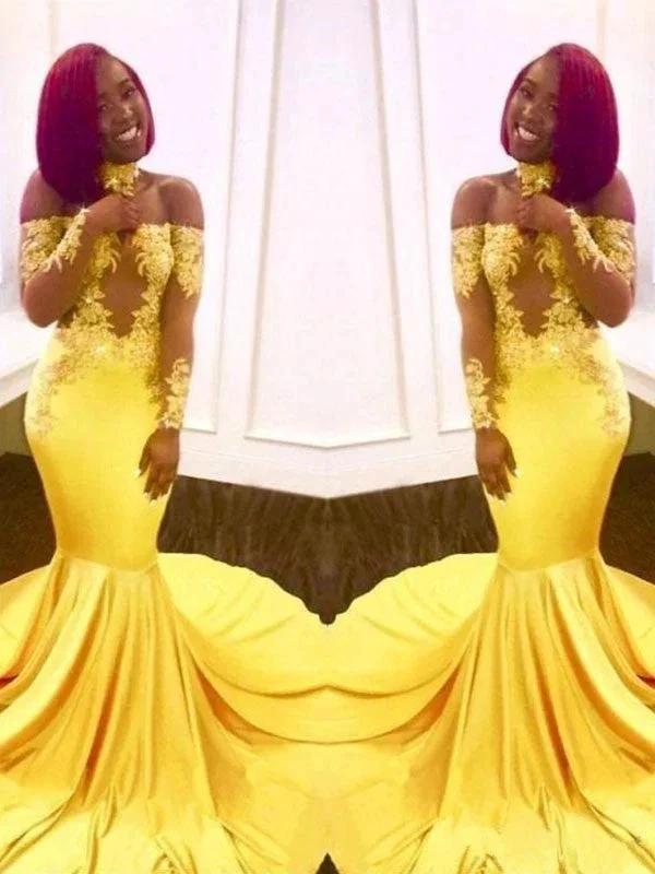 Gorgeous Mermaid Off-the-Shoulder Long Sleeves Applique Elastic Woven Satin Prom Dresses