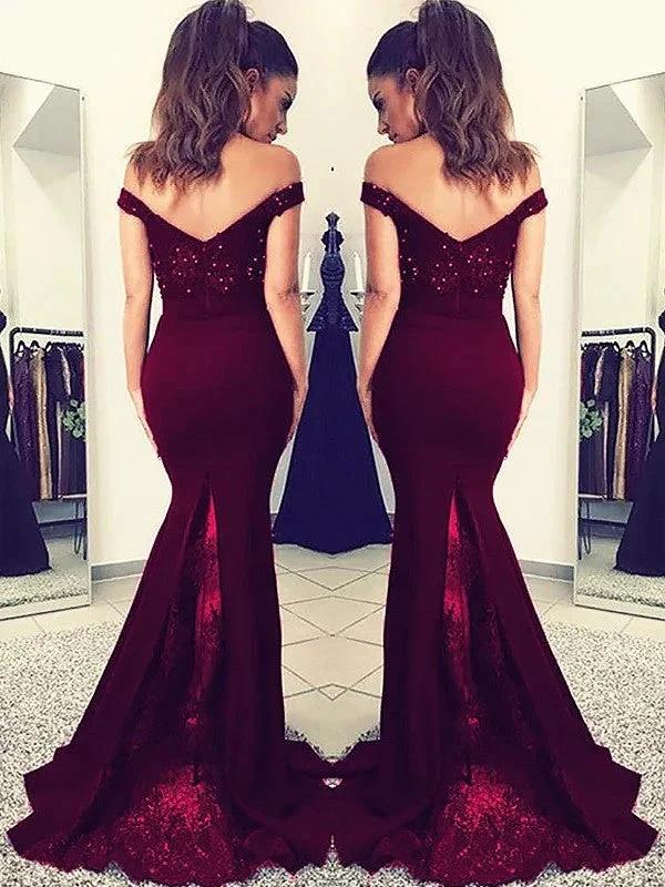 Gorgeous Mermaid Off-the-Shoulder Sleeveless Lace Elastic Woven Satin Prom Dresses
