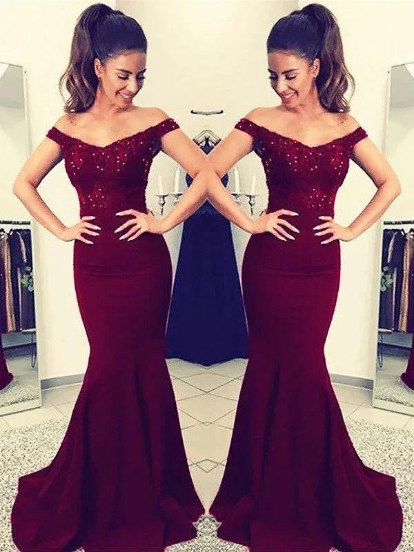 Gorgeous Mermaid Off-the-Shoulder Sleeveless Lace Elastic Woven Satin Prom Dresses