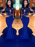 Gorgeous Mermaid Scoop Lace Elastic Woven Satin Long Sleeves Prom Dresses