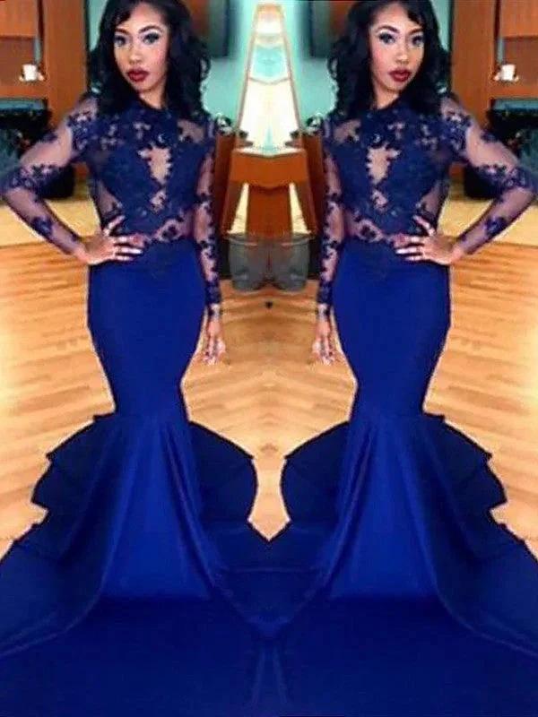 Gorgeous Mermaid Scoop Lace Elastic Woven Satin Long Sleeves Prom Dresses