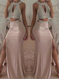Gorgeous Mermaid Sleeveless Halter Floor-Length Beading Chiffon Two Piece Prom Dresses