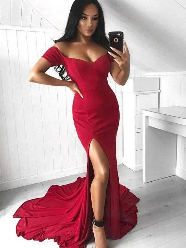 Gorgeous Mermaid Sleeveless Off-the-Shoulder Court Train Ruffles Spandex Prom Dresses