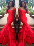 Gorgeous Mermaid Sleeveless Off-the-Shoulder Satin Layers Prom Dresses