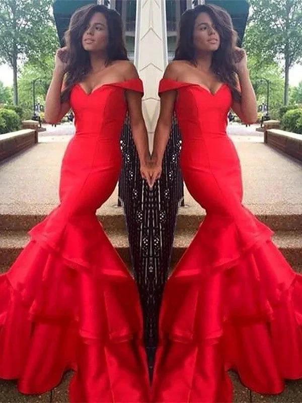 Gorgeous Mermaid Sleeveless Off-the-Shoulder Satin Layers Prom Dresses