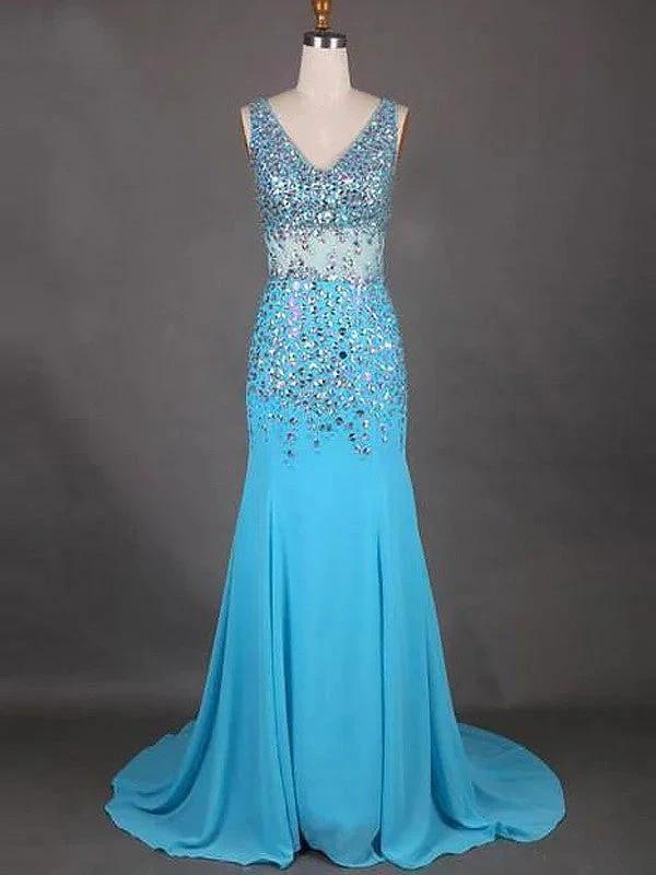 Gorgeous Mermaid Sleeveless V-neck Chiffon Beading Prom Dresses