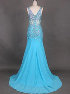 Gorgeous Mermaid Sleeveless V-neck Chiffon Beading Prom Dresses