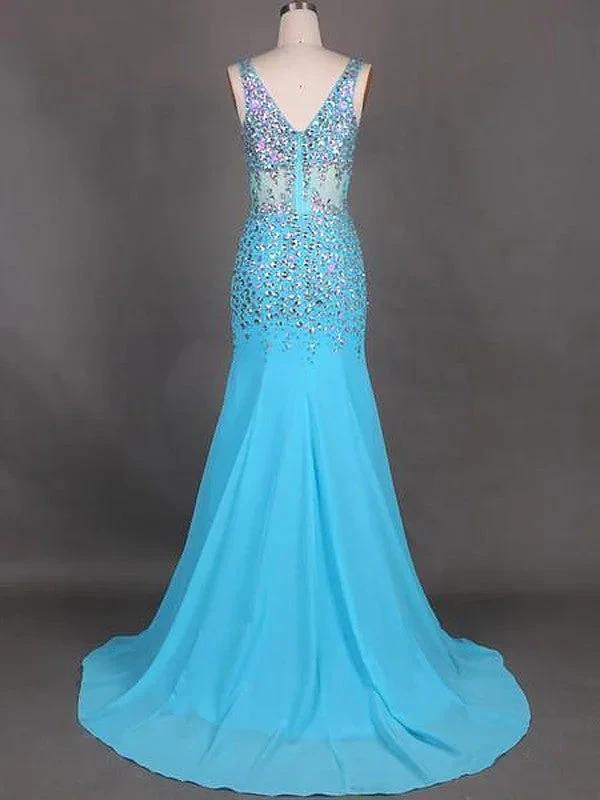 Gorgeous Mermaid Sleeveless V-neck Chiffon Beading Prom Dresses