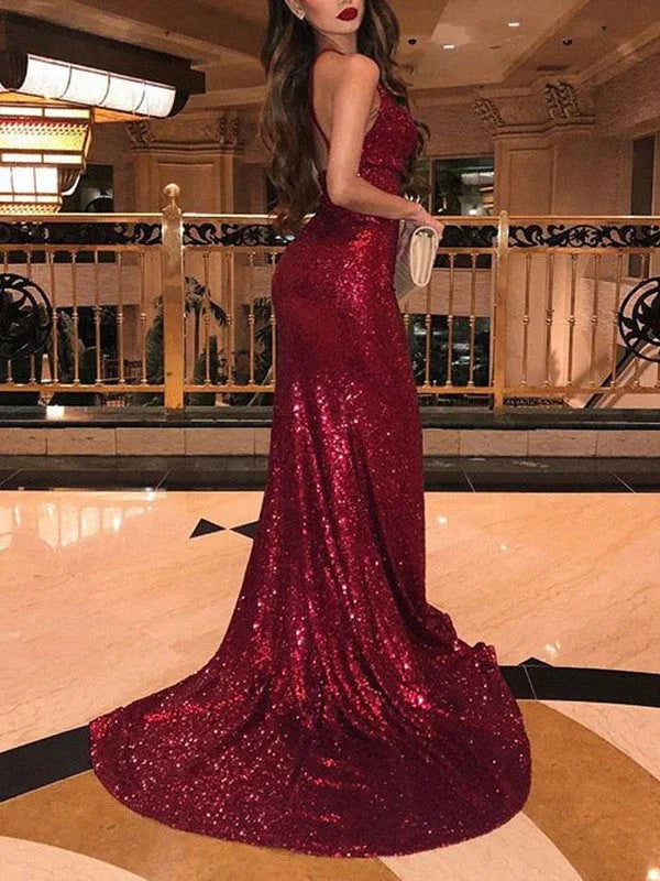Gorgeous Mermaid Sleeveless V-neck Ruffles Sequins Prom Dresses