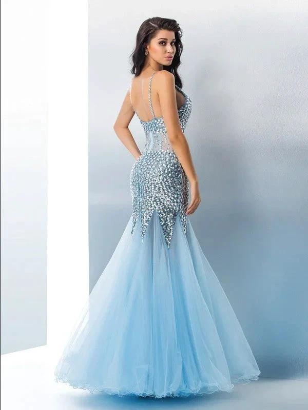 Gorgeous Mermaid Spaghetti Straps Sequin Sleeveless Long Tulle Prom Dresses