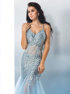 Gorgeous Mermaid Spaghetti Straps Sequin Sleeveless Long Tulle Prom Dresses
