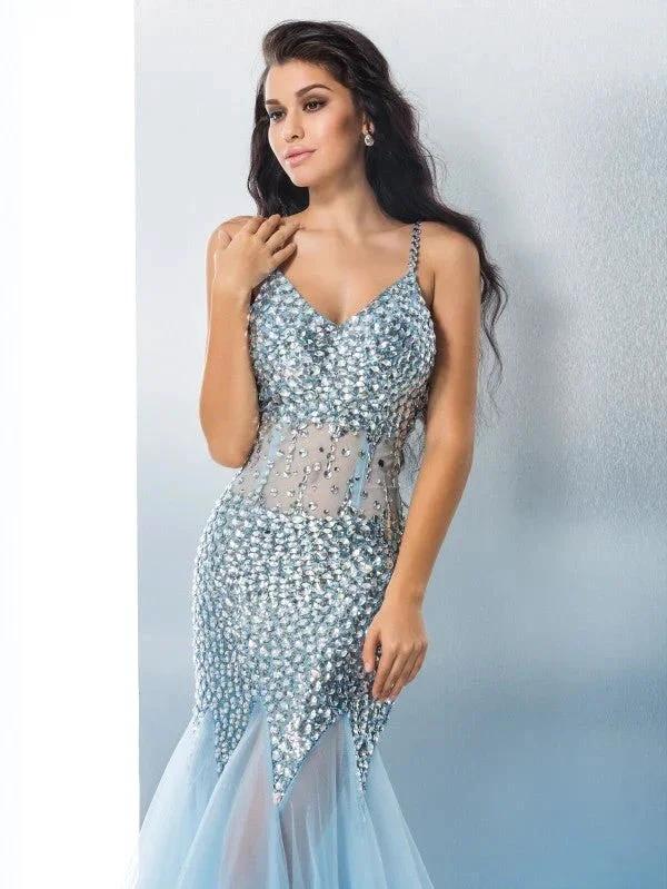 Gorgeous Mermaid Spaghetti Straps Sequin Sleeveless Long Tulle Prom Dresses