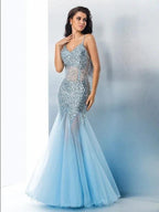 Gorgeous Mermaid Spaghetti Straps Sequin Sleeveless Long Tulle Prom Dresses