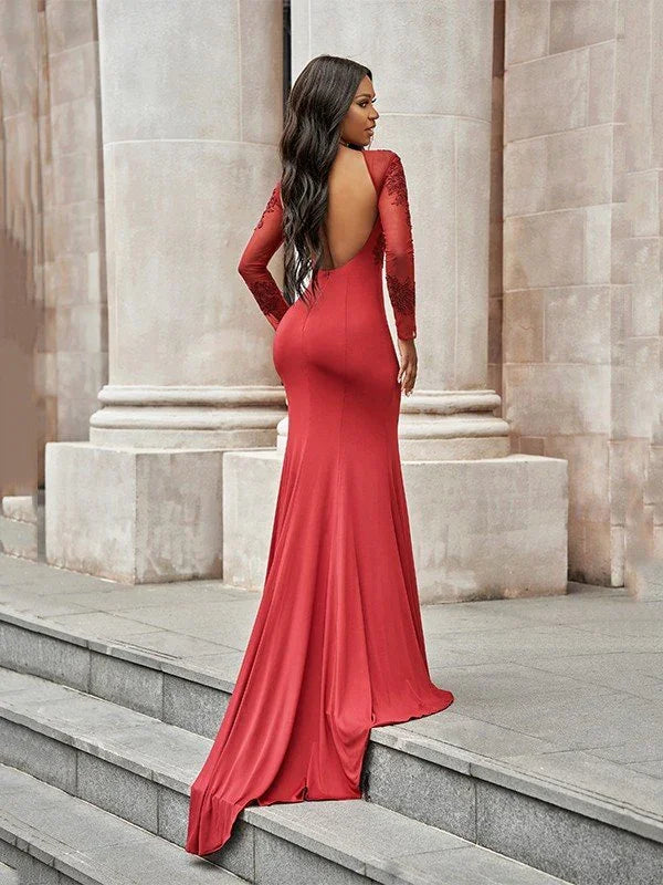 Gorgeous Mermaid Spandex Applique Scoop Long Sleeves Prom Dresses