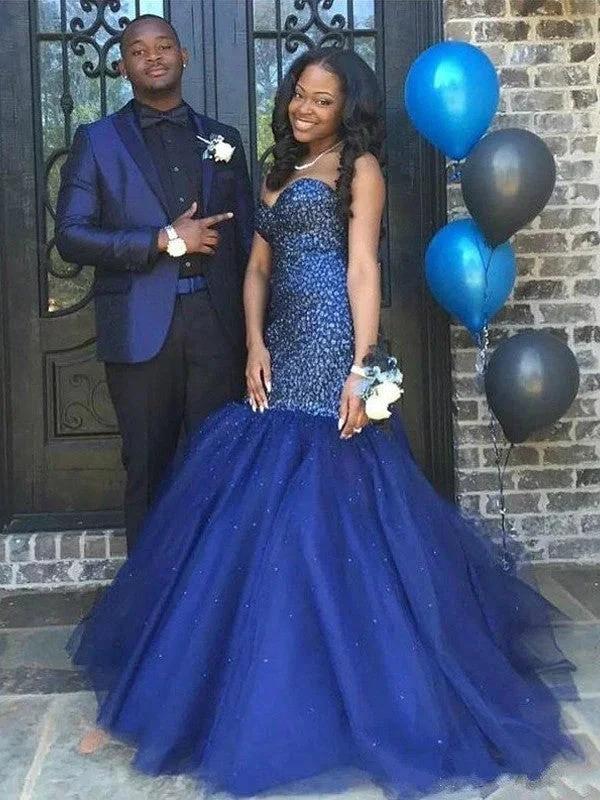 Gorgeous Mermaid Sweetheart Beading Sleeveless Tulle Floor-Length Prom Dresses