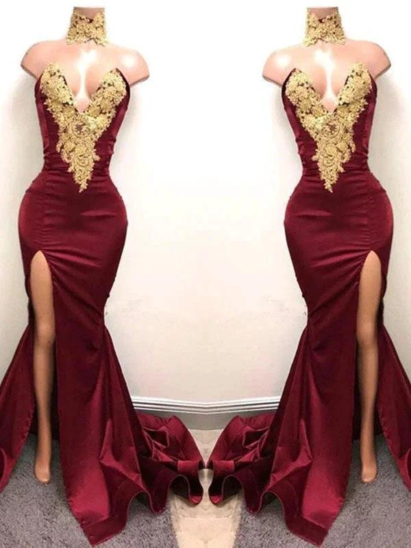 Gorgeous Mermaid Sweetheart Sleeveless Applique Satin Prom Dresses
