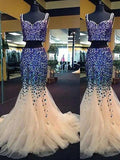 Gorgeous Mermaid Sweetheart Sleeveless Tulle Beading Two Piece Prom Dresses