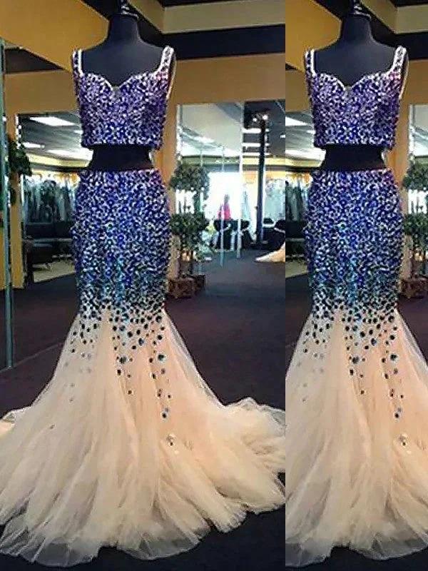 Gorgeous Mermaid Sweetheart Sleeveless Tulle Beading Two Piece Prom Dresses