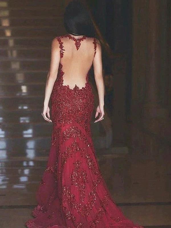 Gorgeous Mermaid V-neck Sleeveless Applique Tulle Prom Dresses