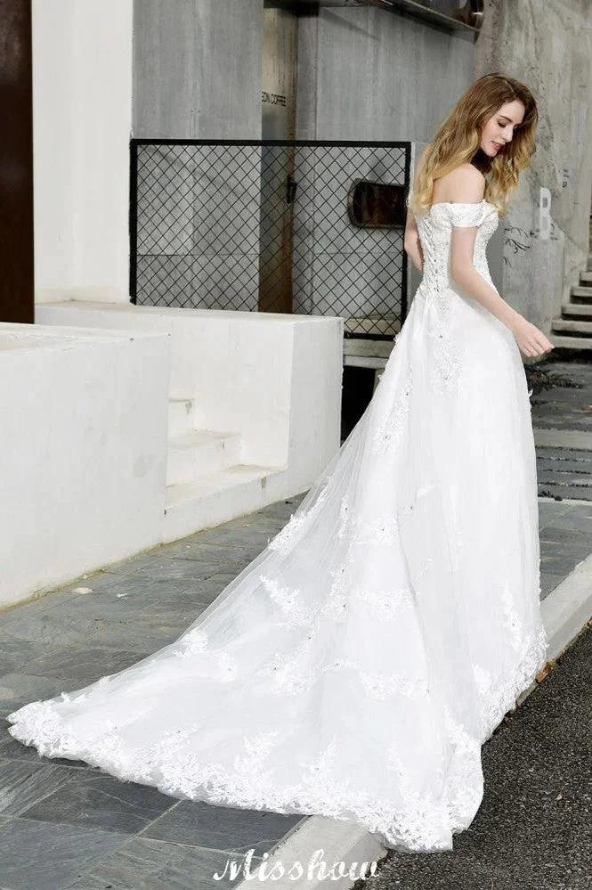Gorgeous Off the Shoulder White aline Bridal Gown Garden Lace Appliques Wedding Dress