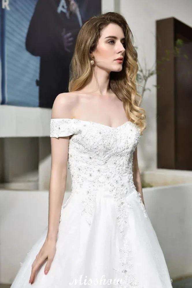 Gorgeous Off the Shoulder White aline Bridal Gown Garden Lace Appliques Wedding Dress