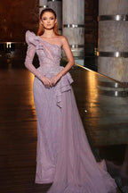 Gorgeous One Shoulder Long Sleeve Sequined A-line Prom Dress With Ruffles