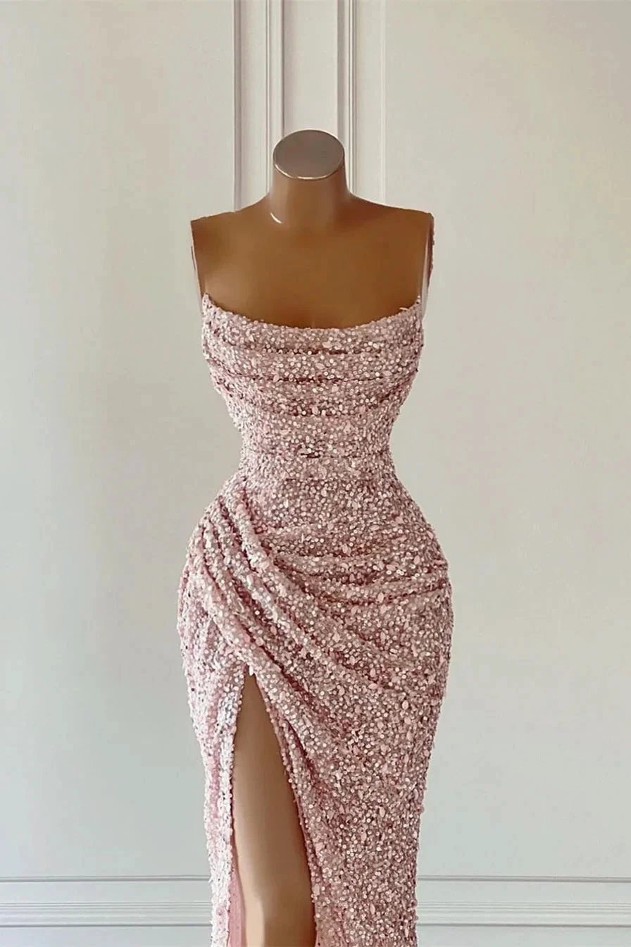 Gorgeous Pink Sequined Sleeveless Prom Dress With Slit