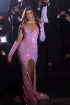 Gorgeous Pink Sleeveless Split Front Mermaid Prom Dress With Glitter