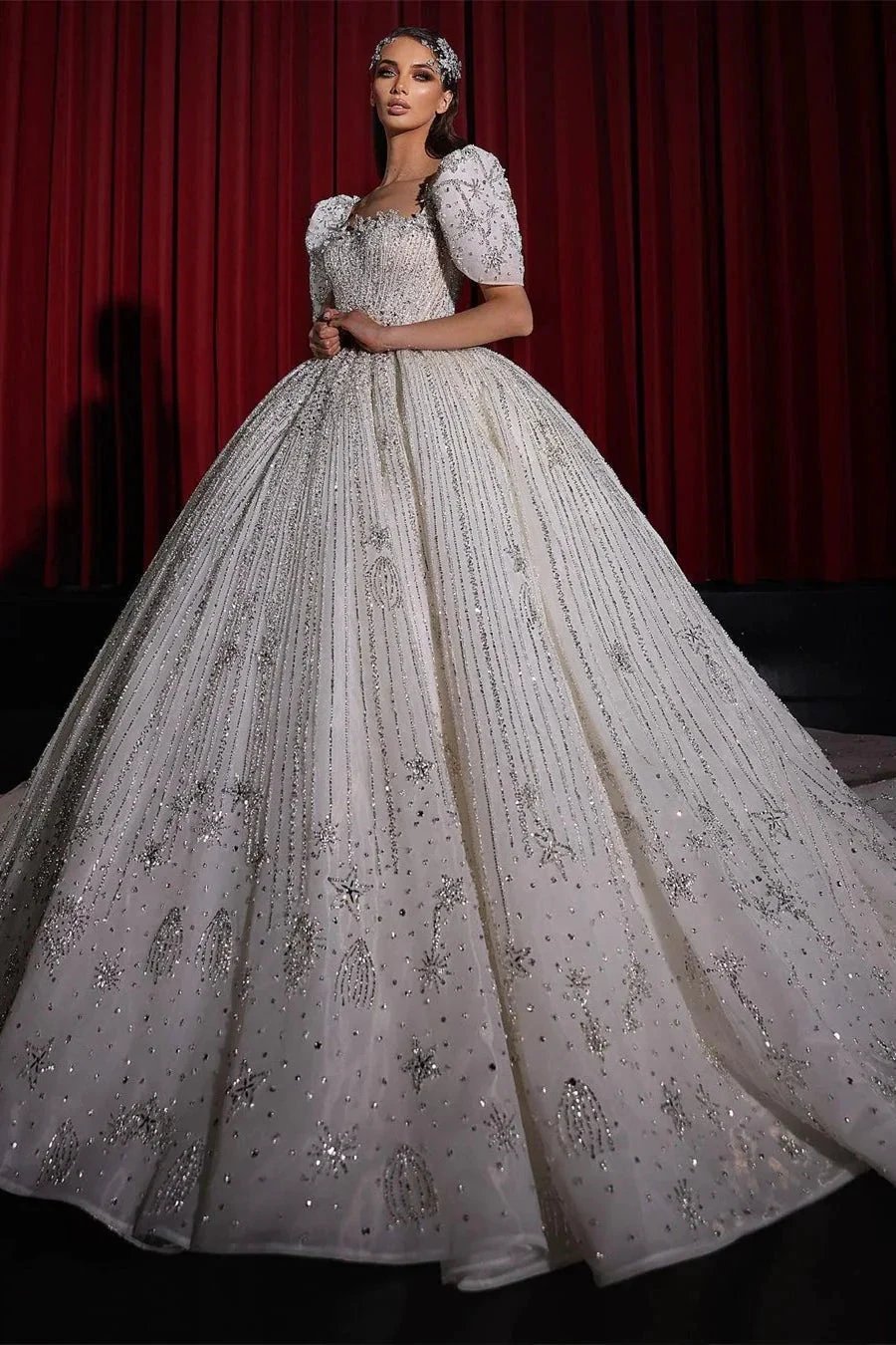 Gorgeous Princess A-line Beading Short Sleeves Wedding Dress With Lace