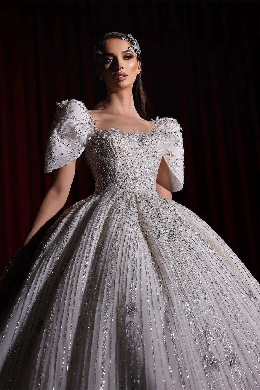 Gorgeous Princess A-line Beading Short Sleeves Wedding Dress With Lace