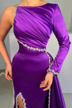 Gorgeous Purple Long A-line Sequined Split Evening Dresses With Long Sleeves