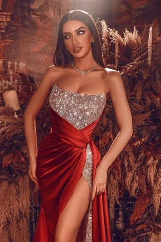 Gorgeous Red Long Evening Dress With Split Long Beads Prom Gown