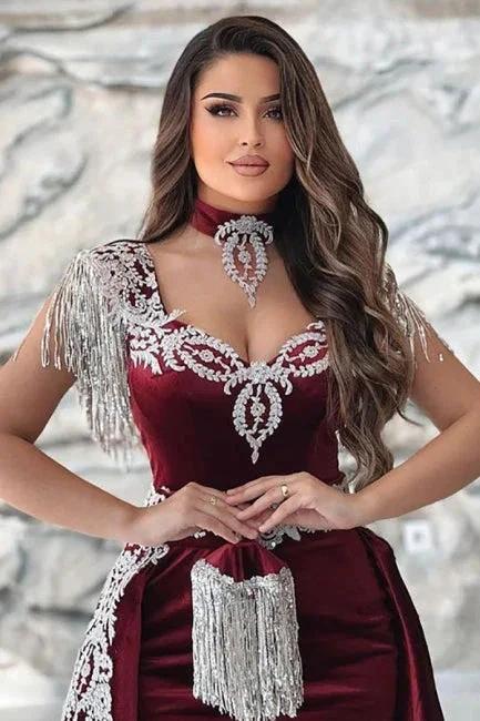 Gorgeous Red Sweetheart Column Appliques Sleeveless Split Front Floor-length Prom Dresses with Train