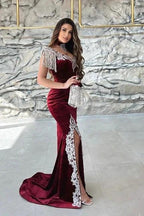 Gorgeous Red Sweetheart Column Appliques Sleeveless Split Front Floor-length Prom Dresses with Train
