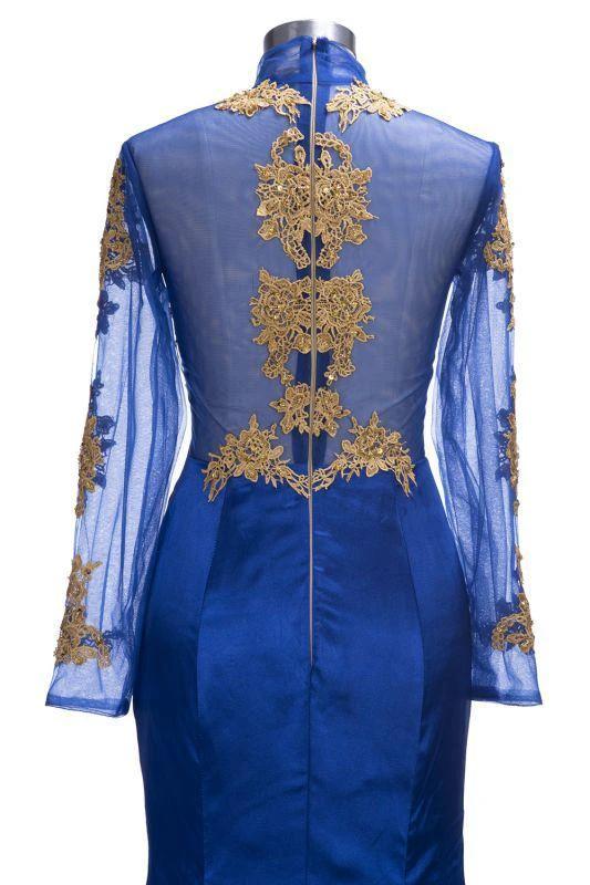 Gorgeous Royal Blue Prom Dresses | Gold Appliques Side Slit Mermaid Evening Dresses