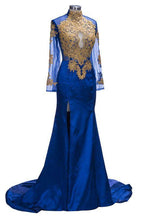 Gorgeous Royal Blue Prom Dresses | Gold Appliques Side Slit Mermaid Evening Dresses