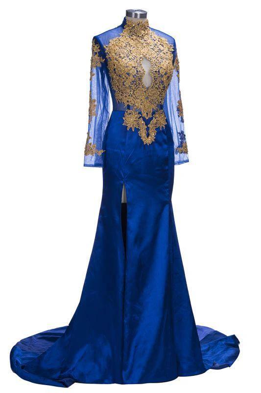 Gorgeous Royal Blue Prom Dresses | Gold Appliques Side Slit Mermaid Evening Dresses