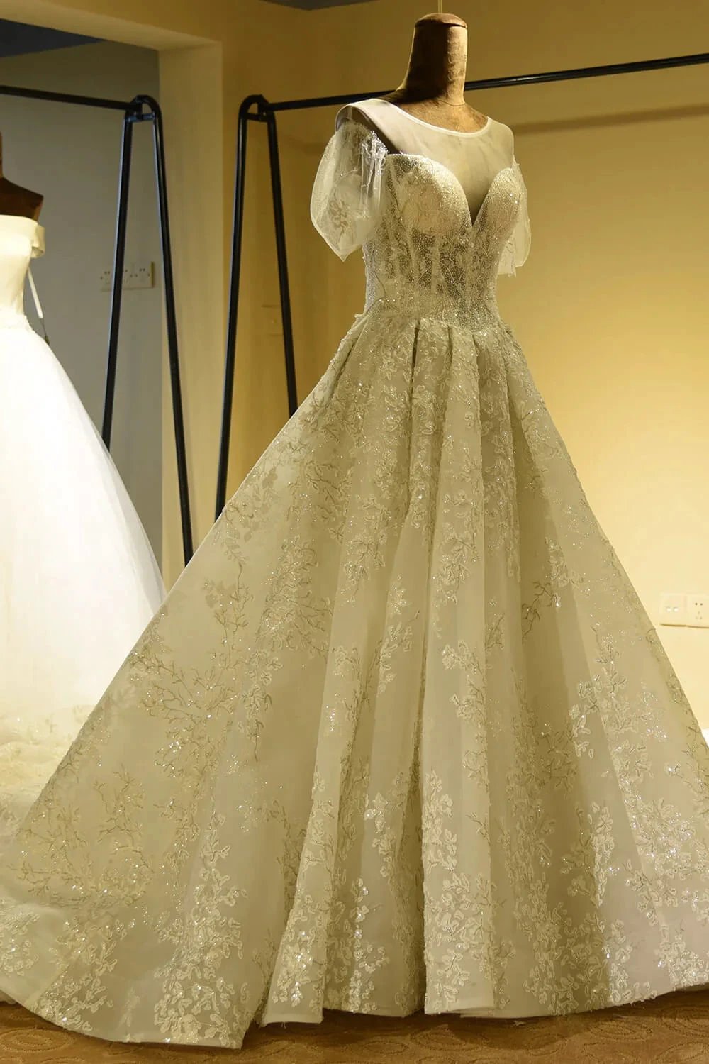 Gorgeous Short Sleeve Lace Tulle Princess Ivory Wedding Dress