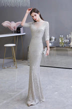 Gorgeous Silver Long sleeves Long Prom Dress
