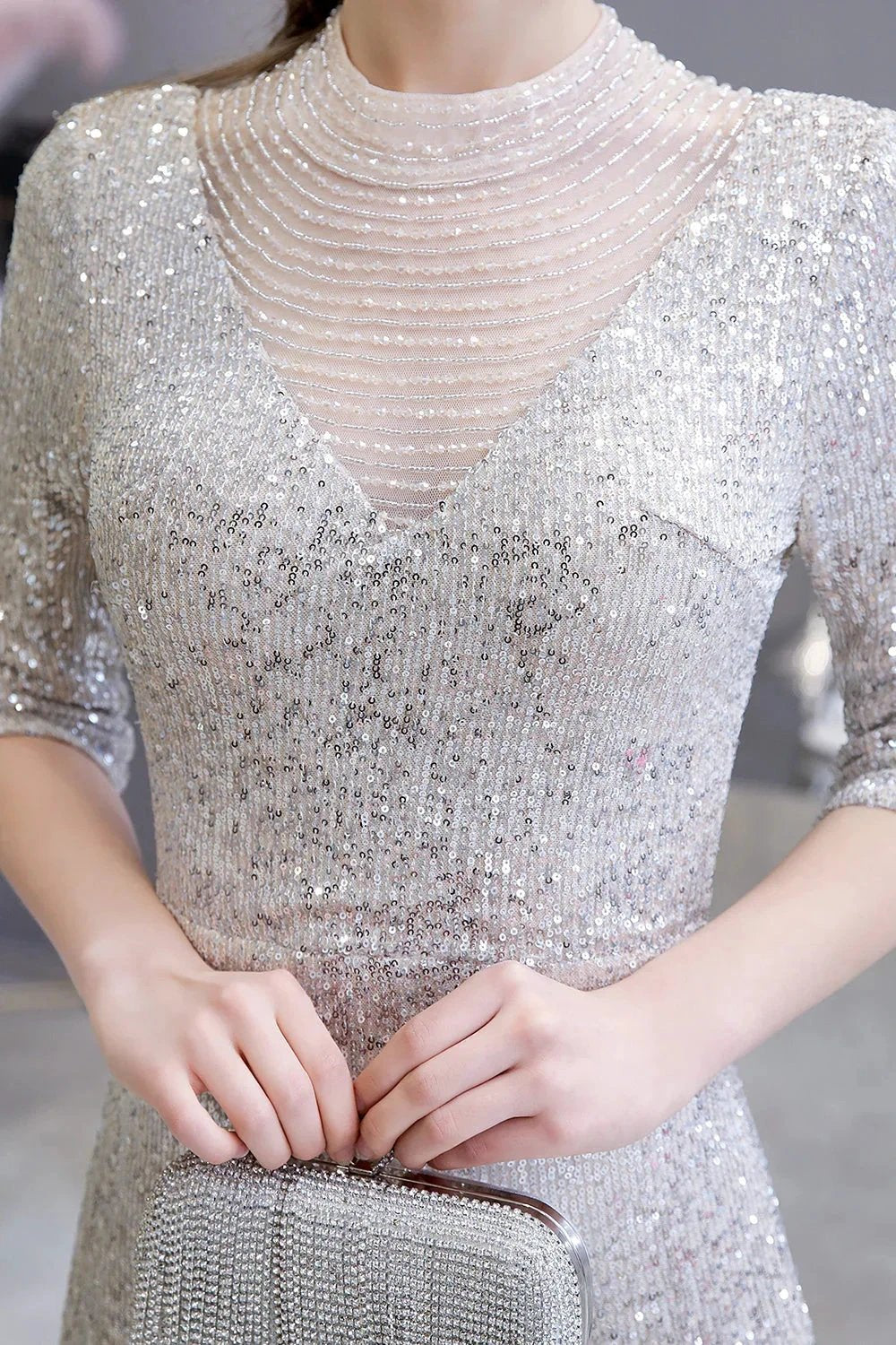 Gorgeous Silver Long sleeves Long Prom Dress
