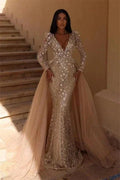 Gorgeous V-Neck Floral Mermaid Long Sleeves Wedding Dress with Detachable Train
