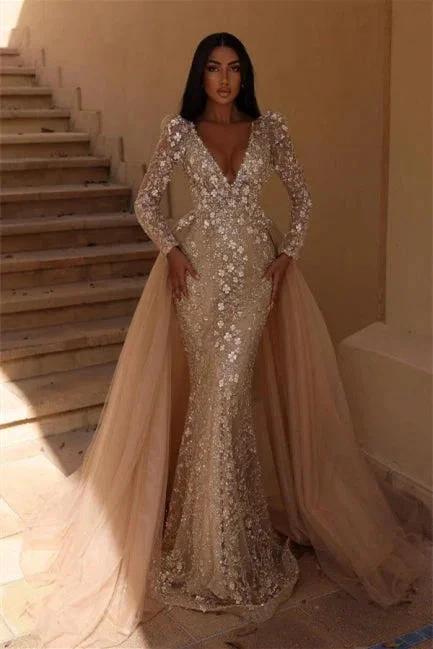 Gorgeous V-Neck Floral Mermaid Long Sleeves Wedding Dress with Detachable Train